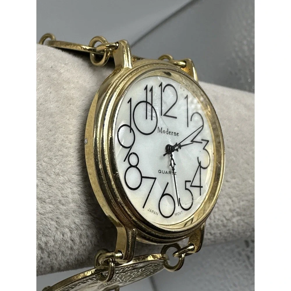 Moderne Faux French Gold Coin Ladies MOP Watch New Battery 37MM 7.5